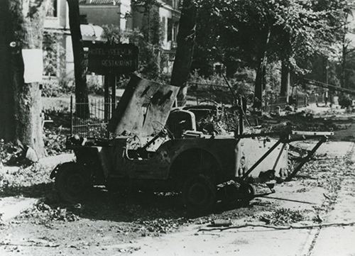 Destroyed medical jeep on Utrechtseweg