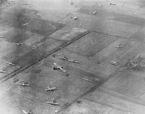 Aerial view of British and American gliders