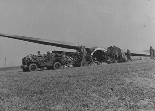 A Horsa glider is unloaded on the landing zone