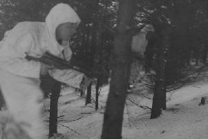 Browse A British Airborne soldier patrols through the woods