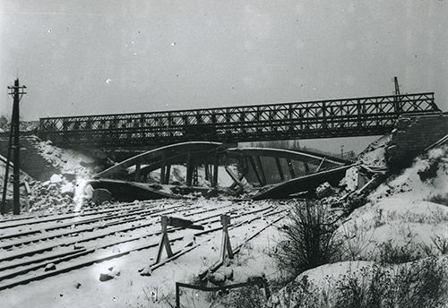 A blown bridge during the Ardennes Offensive