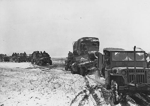 Allied convoy carrying soldiers, supplies and munitions