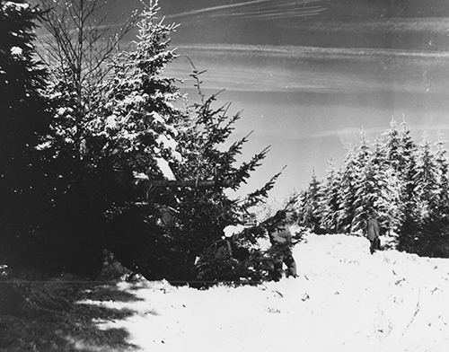 US Army soldiers and tanks hidding in a snow-covered forest