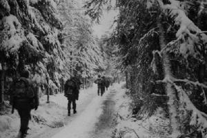 Browse American infantry move up over a snow covered road