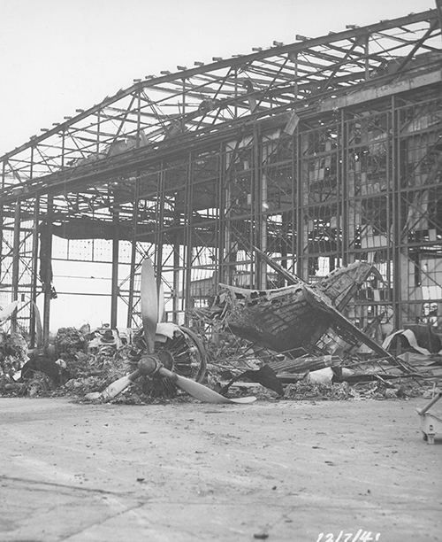 Burned and wrecked hangar at the Naval Air Station