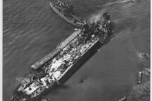 Browse Overhead view of the burning hulk of USS LST-480